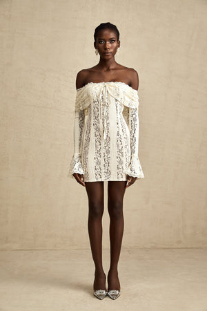 Aurohaya Émeline floral lace flared-cuff mini dress in Neutrals