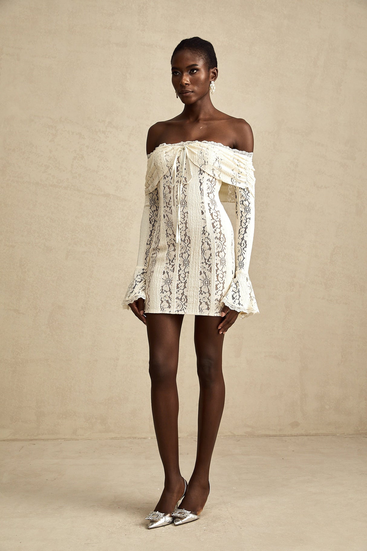 Aurohaya Émeline floral lace flared-cuff mini dress in Neutrals