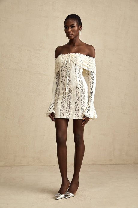 Aurohaya Émeline floral lace flared-cuff mini dress in Neutrals