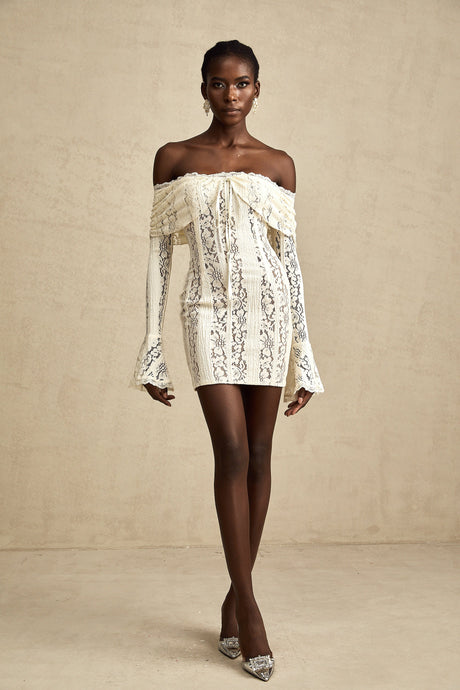 Aurohaya Émeline floral lace flared-cuff mini dress in Neutrals