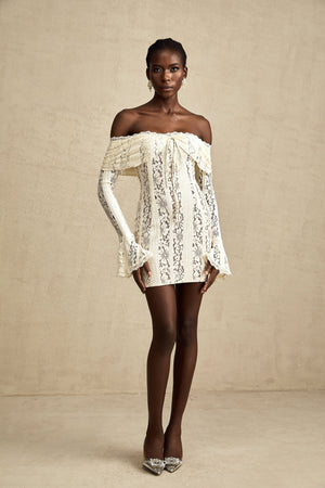 Aurohaya Émeline floral lace flared-cuff mini dress in Neutrals