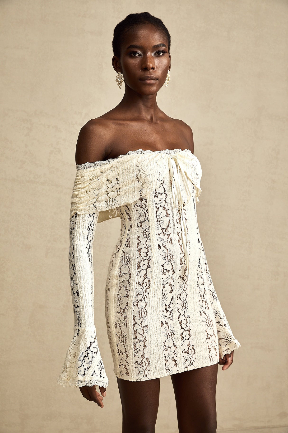Aurohaya Émeline floral lace flared-cuff mini dress in Neutrals