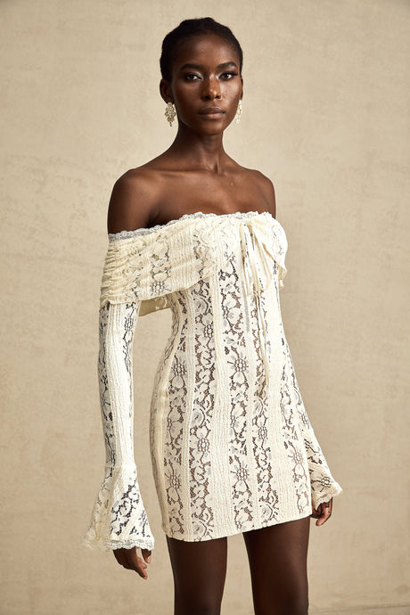 Aurohaya Émeline floral lace flared-cuff mini dress in Neutrals