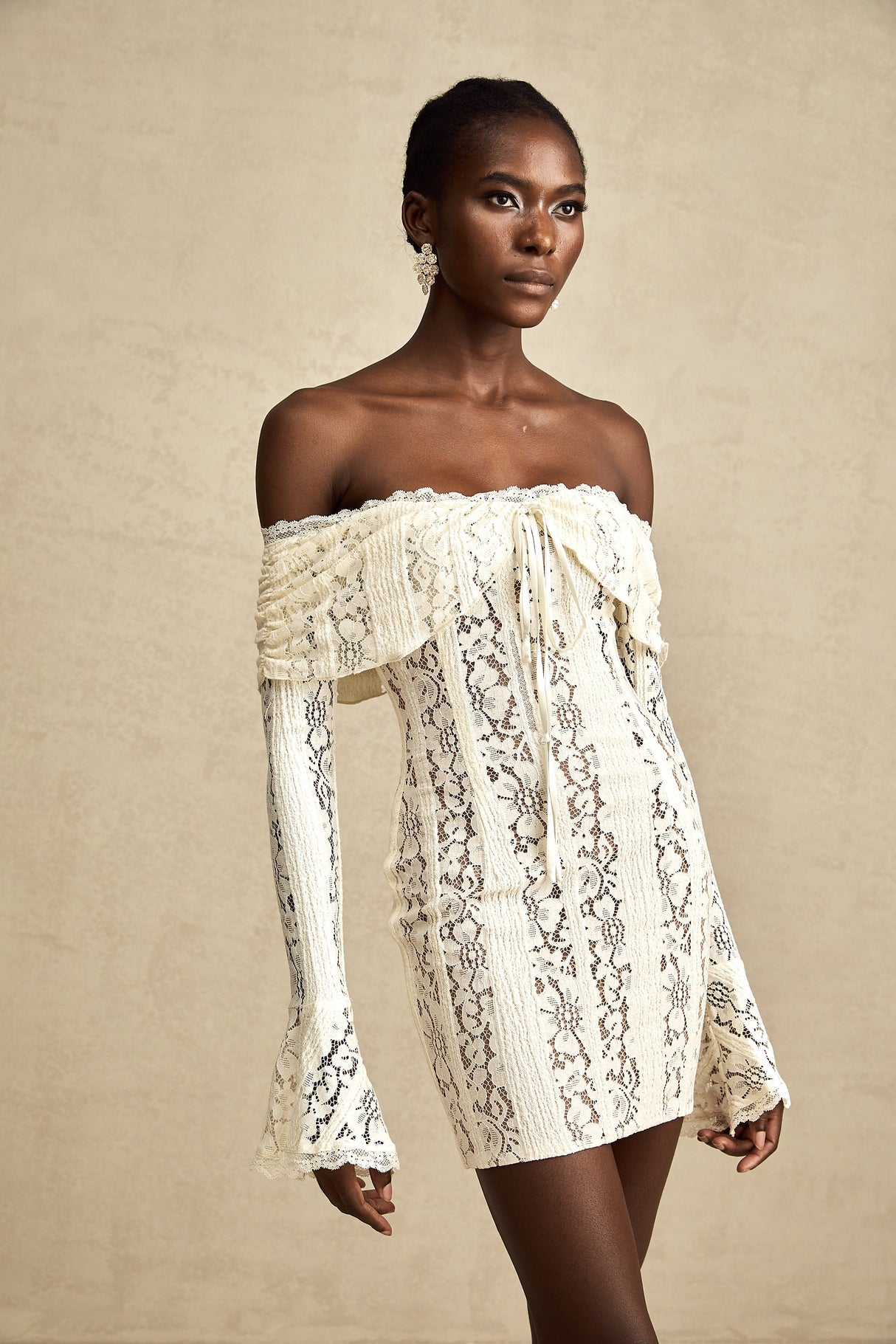 Aurohaya Émeline floral lace flared-cuff mini dress in Neutrals