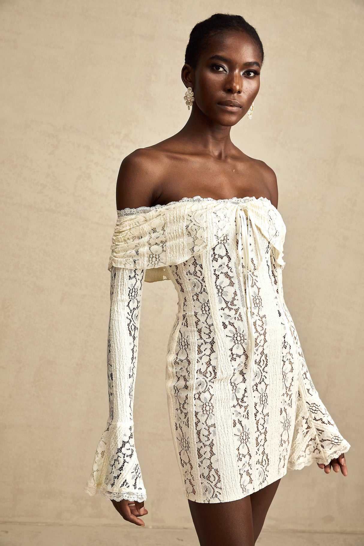 Aurohaya Émeline floral lace flared-cuff mini dress in Neutrals