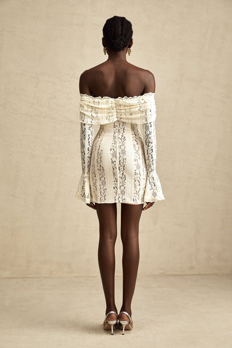 Aurohaya Émeline floral lace flared-cuff mini dress in Neutrals