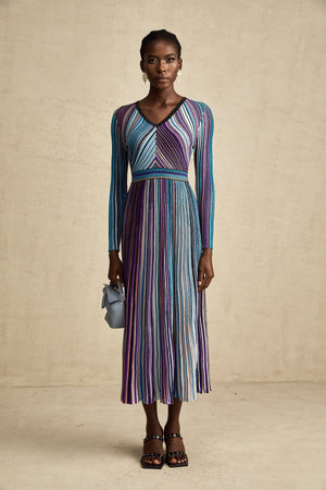Aurohaya Mathilde metallic pleated midi dress in Blue