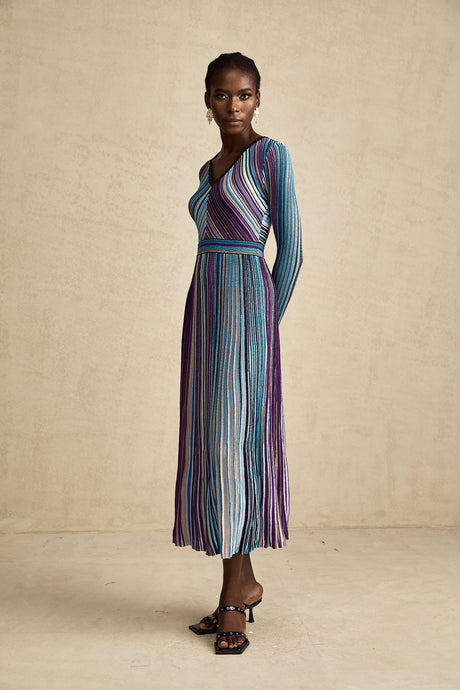 Aurohaya Mathilde metallic pleated midi dress in Blue