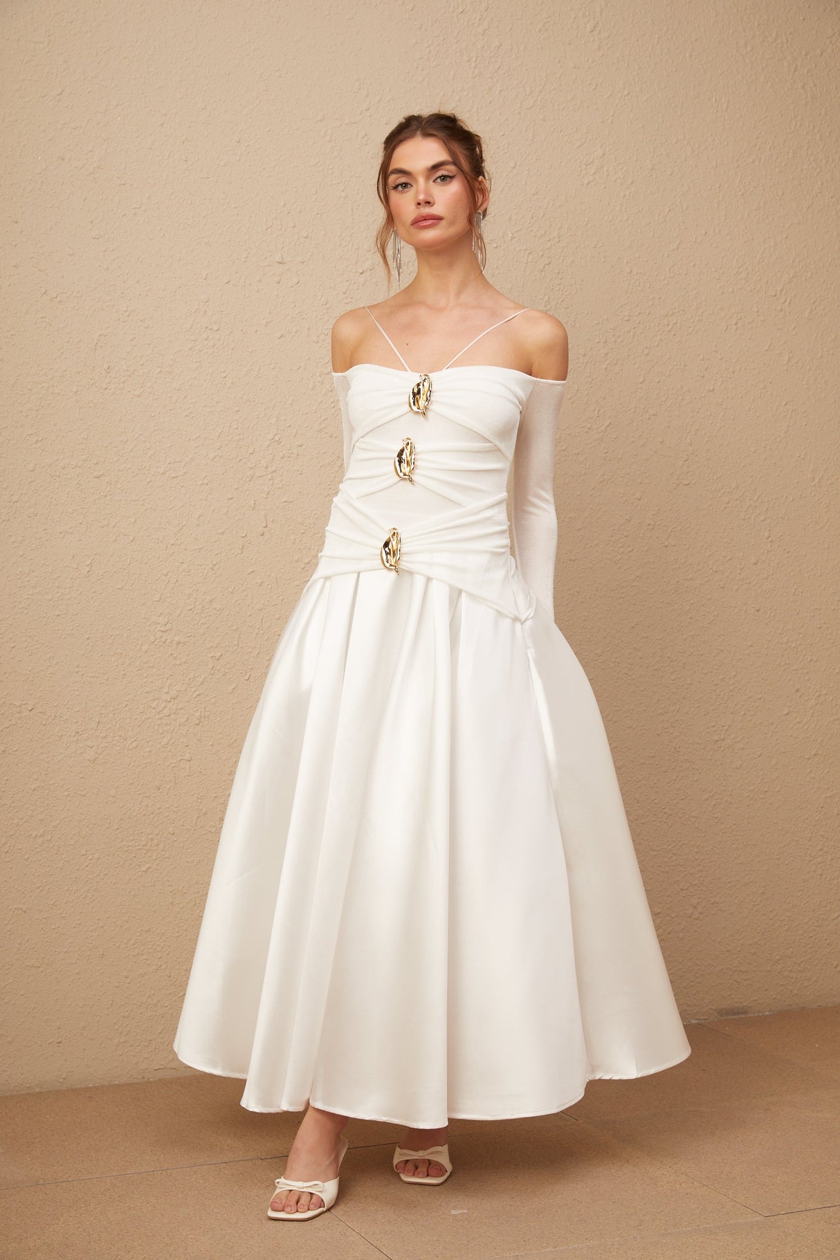 Aurohaya Noémie off-shoulder panelled maxi dress in White