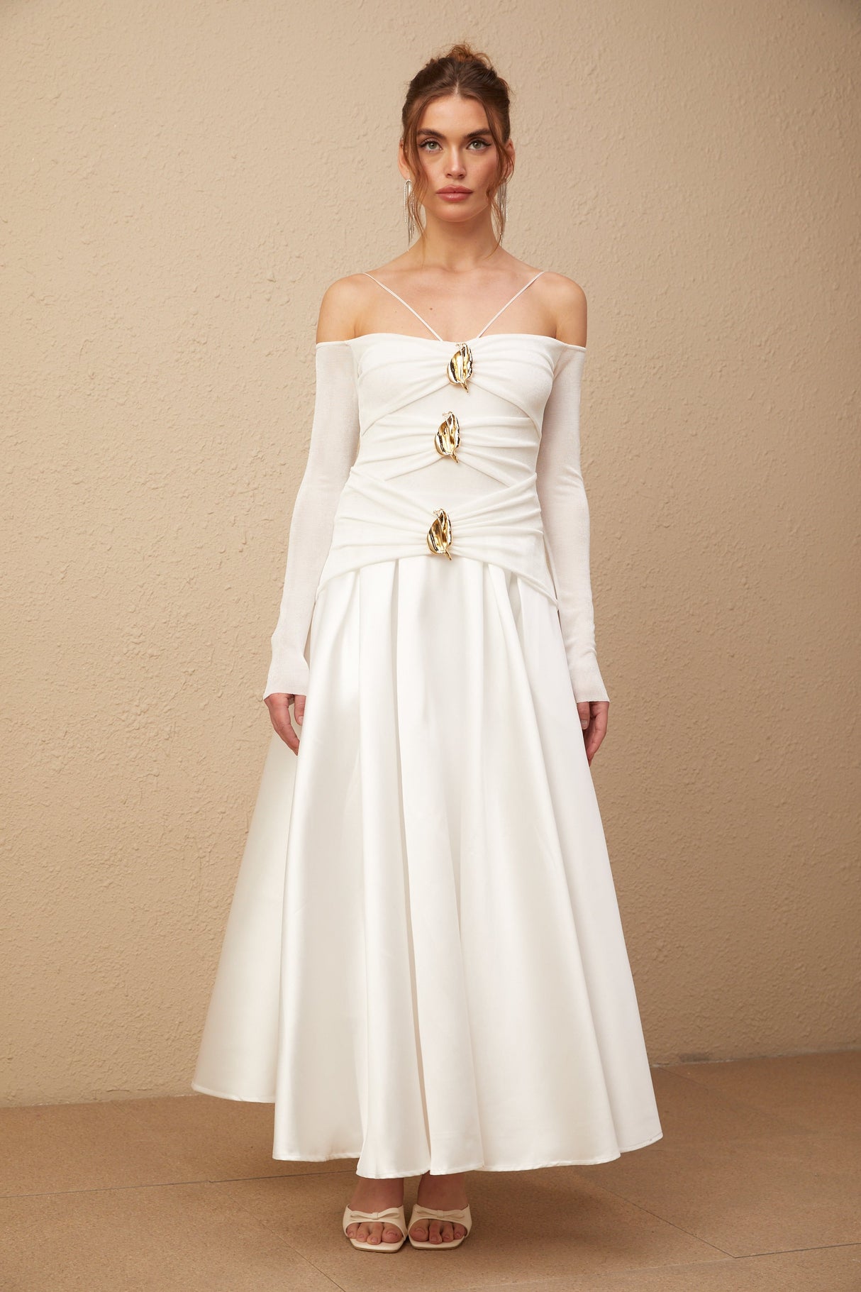 Aurohaya Noémie off-shoulder panelled maxi dress in White