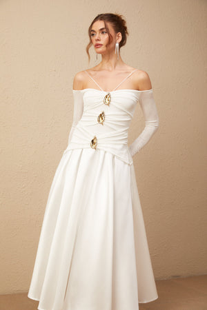 Aurohaya Nadine off-shoulder panelled maxi dress in White