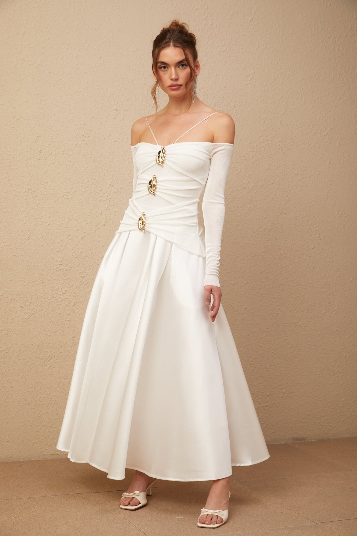 Aurohaya Noémie off-shoulder panelled maxi dress in White