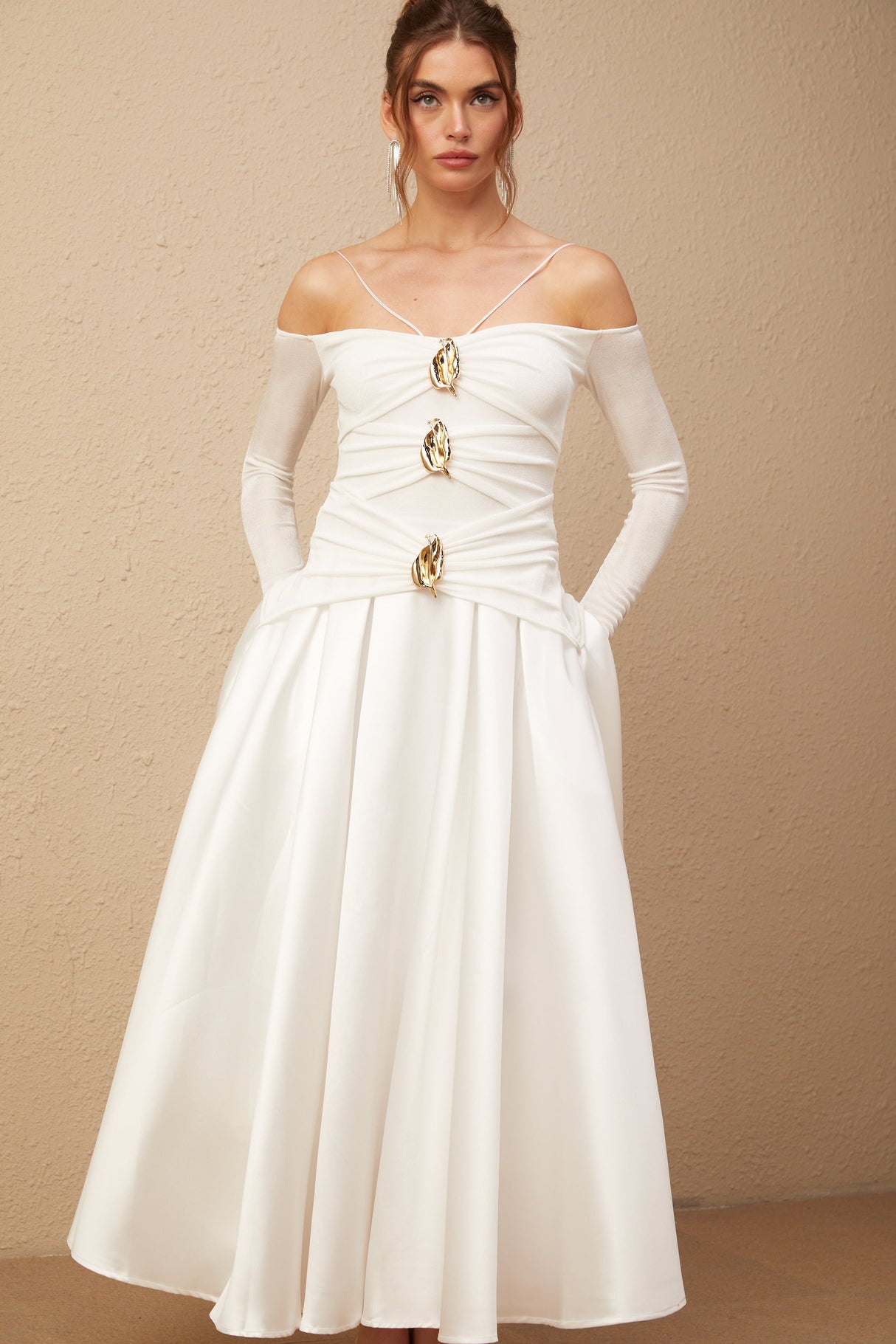 Aurohaya Noémie off-shoulder panelled maxi dress in White