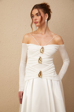 Aurohaya Noémie off-shoulder panelled maxi dress in White