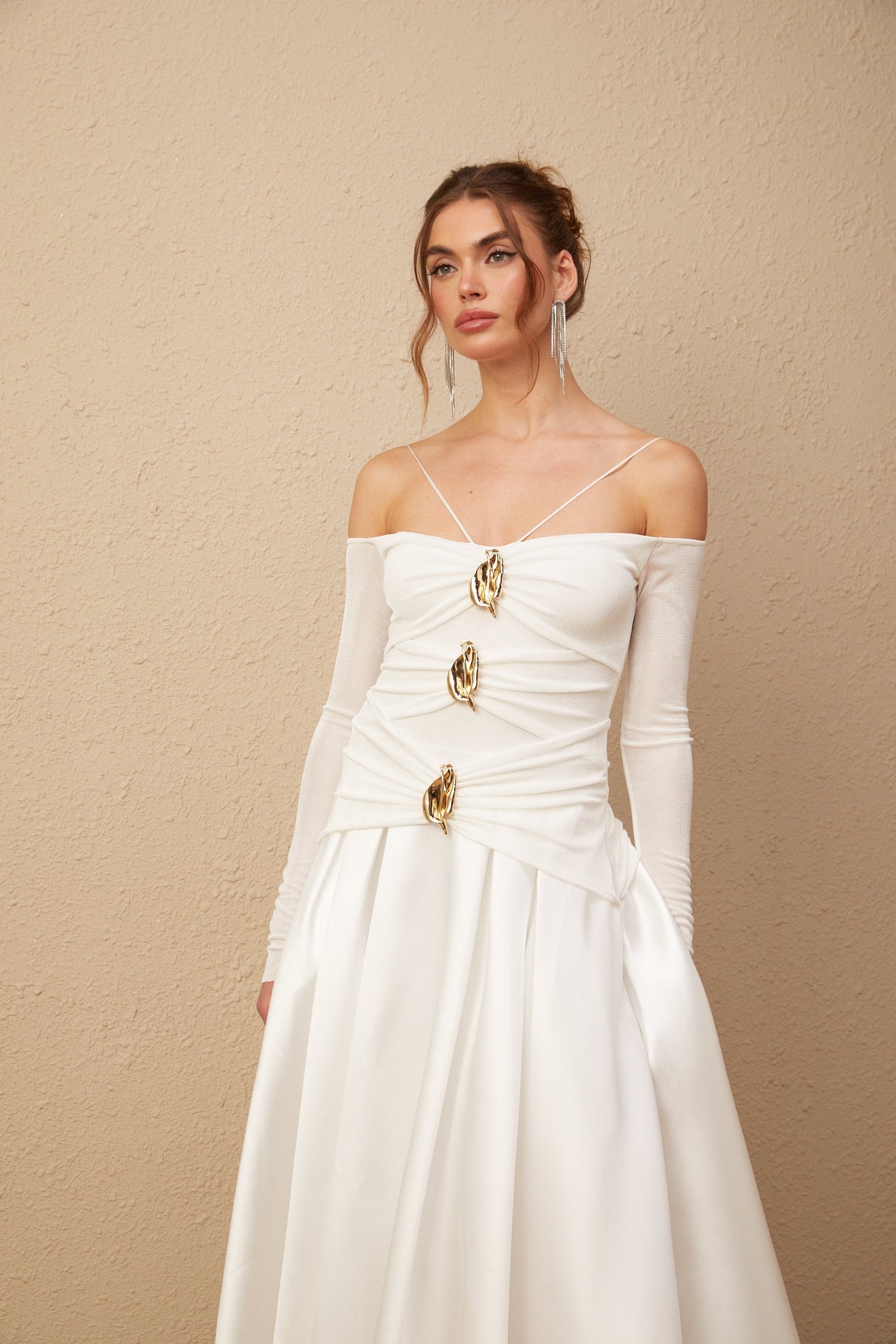 Aurohaya Noémie off-shoulder panelled maxi dress in White