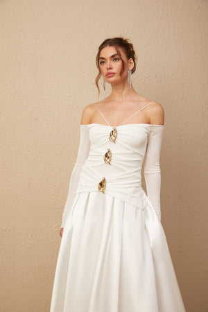 Aurohaya Nadine off-shoulder panelled maxi dress in White