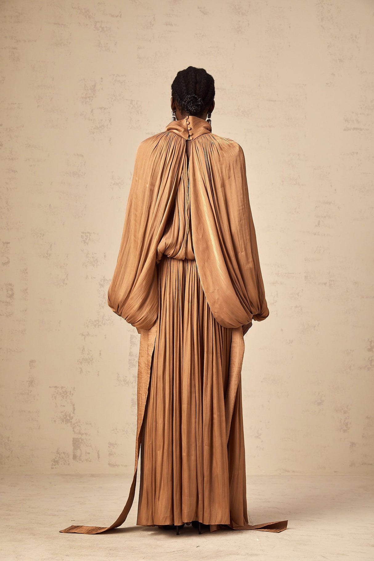 Aurohaya Mila Brown Pleated Satin Maxi Dress
