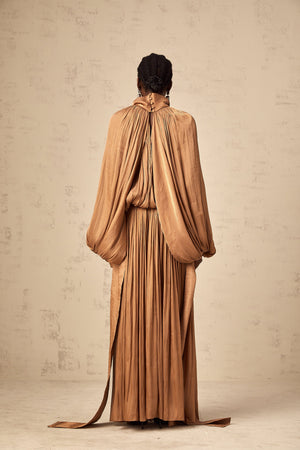 Aurohaya Mila Brown Pleated Satin Maxi Dress