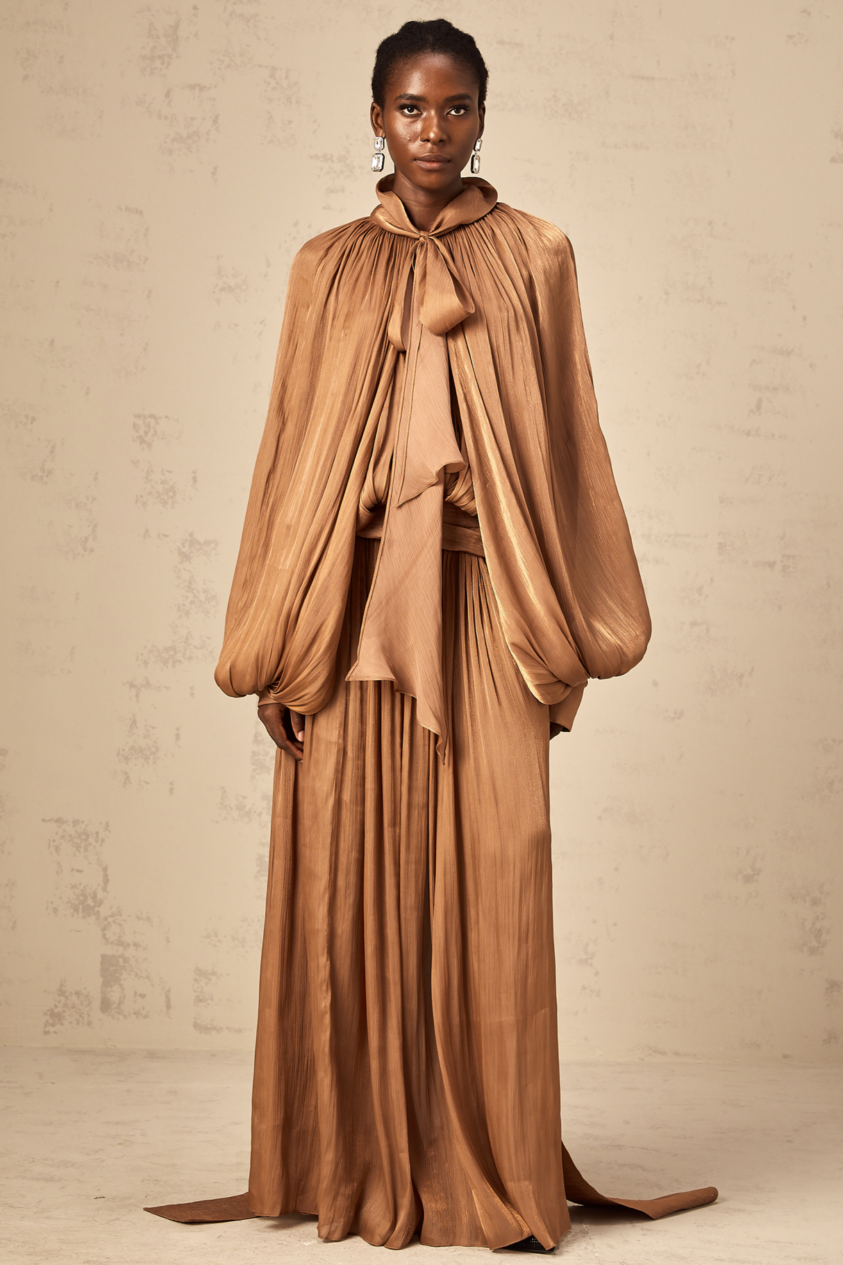 Aurohaya Mila Brown Pleated Satin Maxi Dress