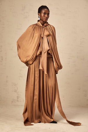 Aurohaya Mila Brown Pleated Satin Maxi Dress