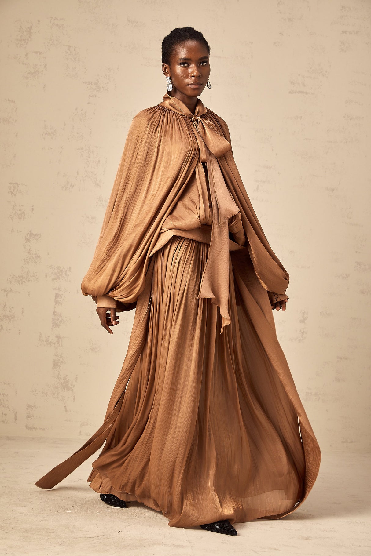 Aurohaya Mila Brown Pleated Satin Maxi Dress
