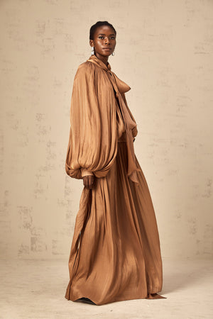 Aurohaya Mila Brown Pleated Satin Maxi Dress