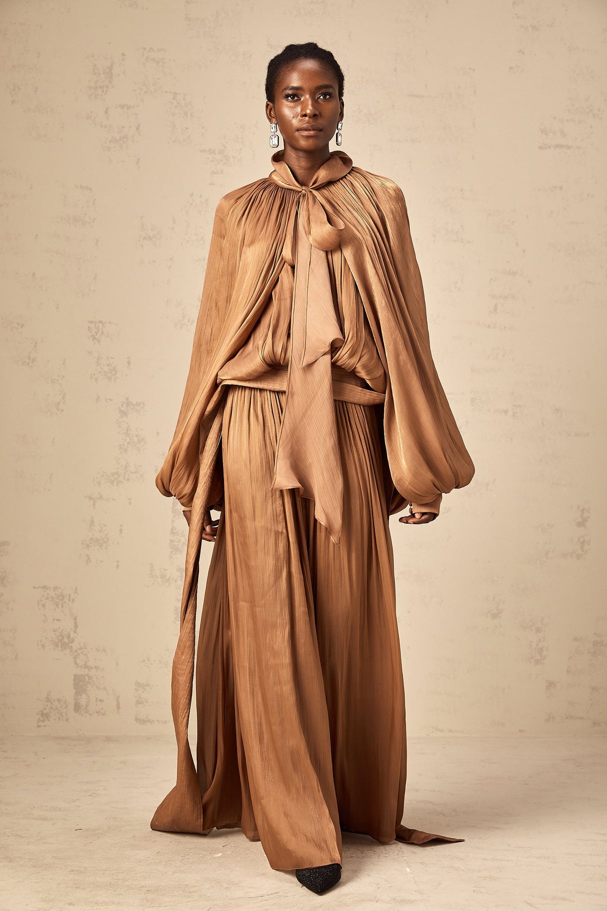 Aurohaya Mila Brown Pleated Satin Maxi Dress