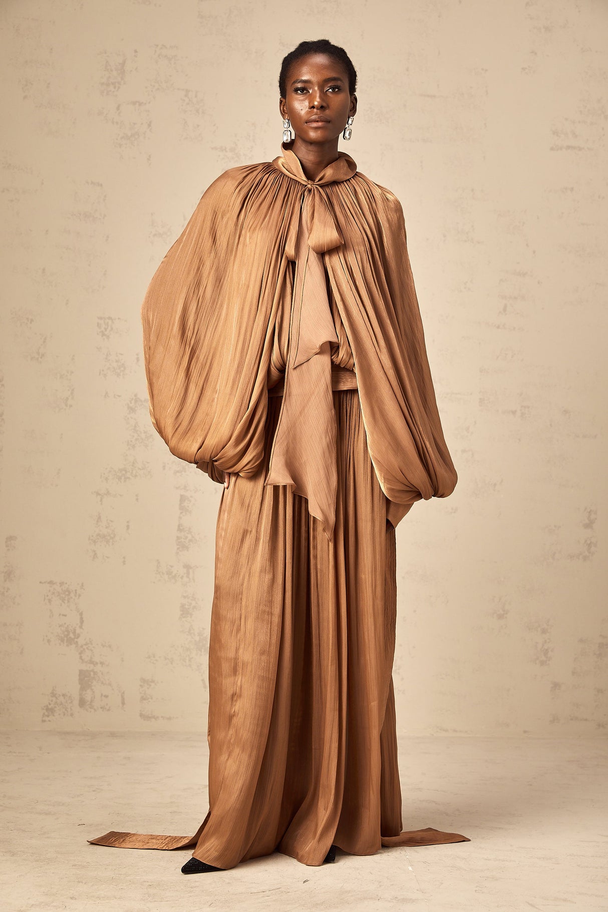 Aurohaya Mila Brown Pleated Satin Maxi Dress
