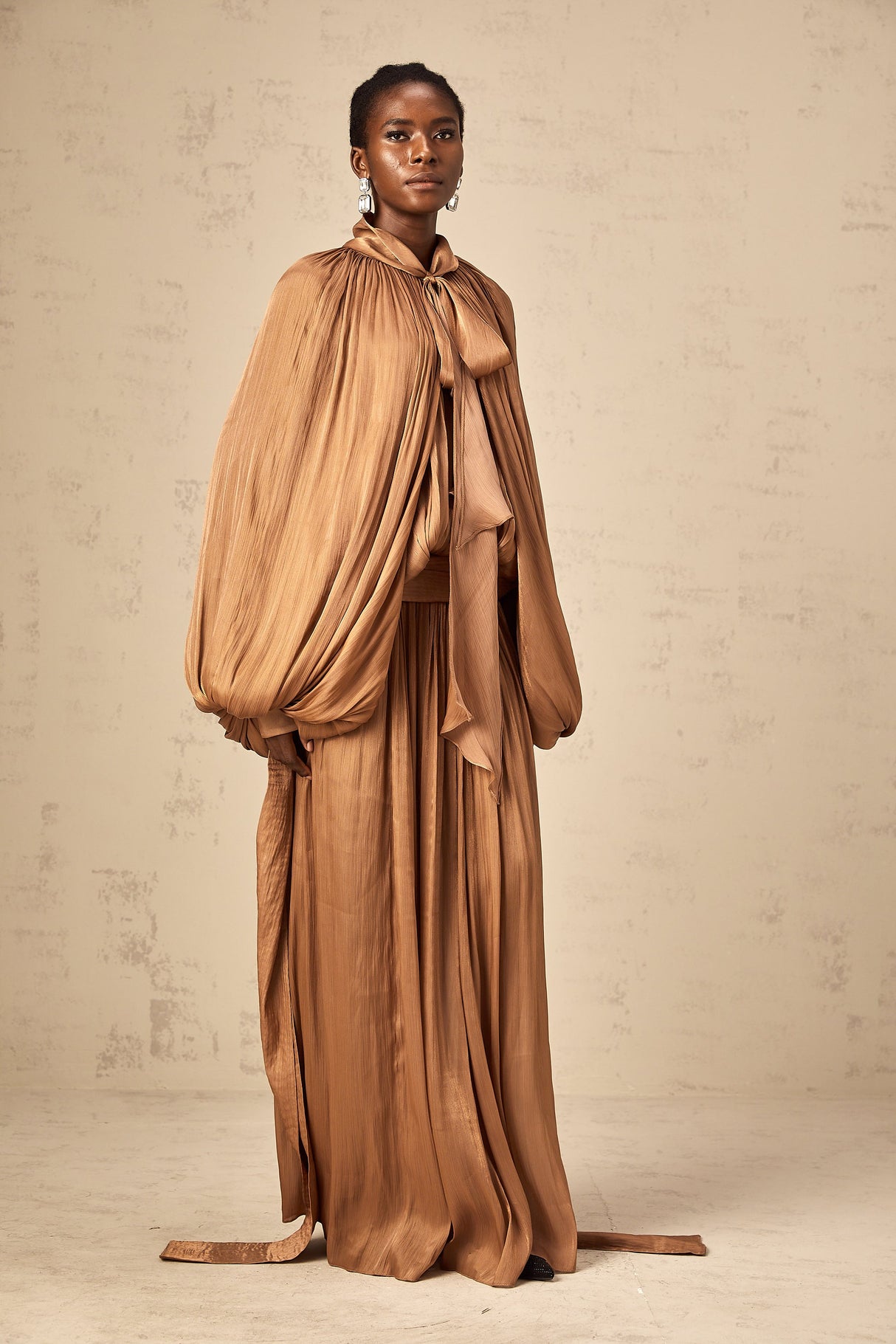 Aurohaya Mila Brown Pleated Satin Maxi Dress