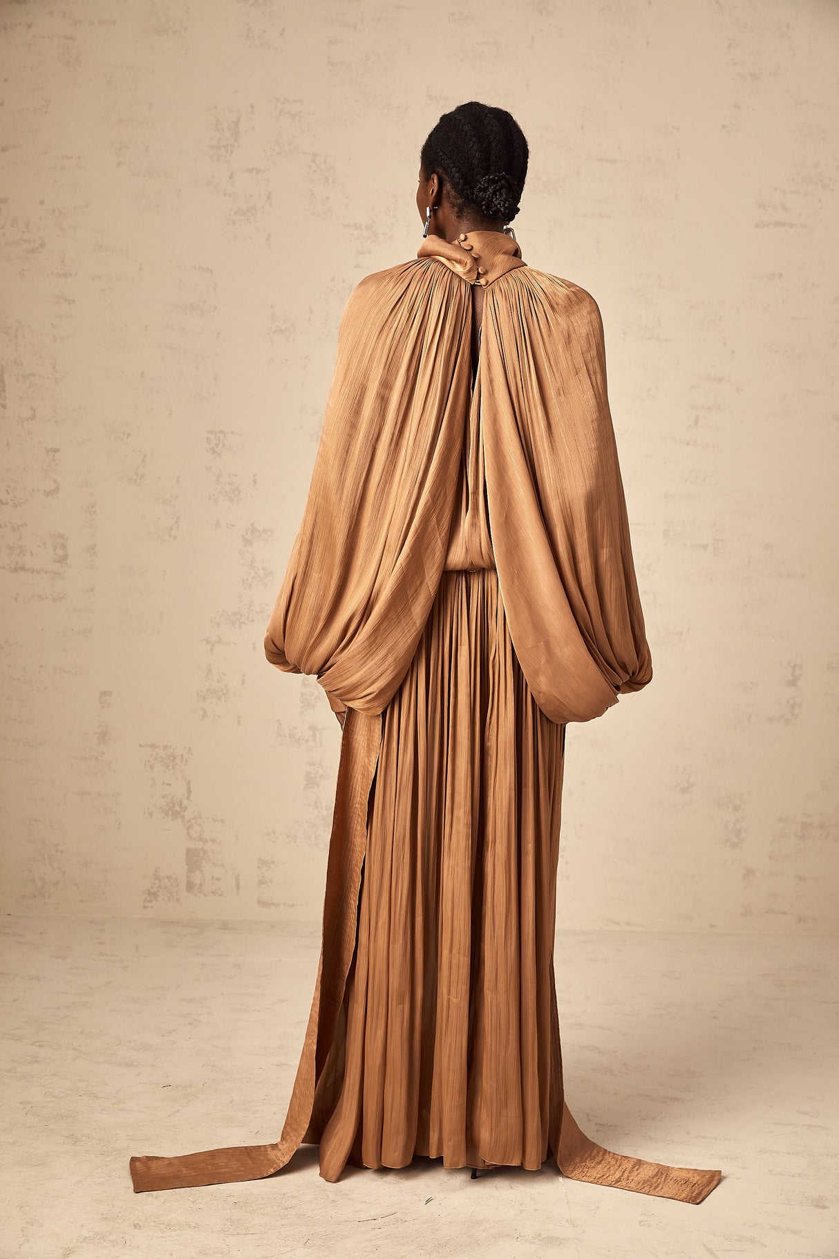 Aurohaya Mila Brown Pleated Satin Maxi Dress