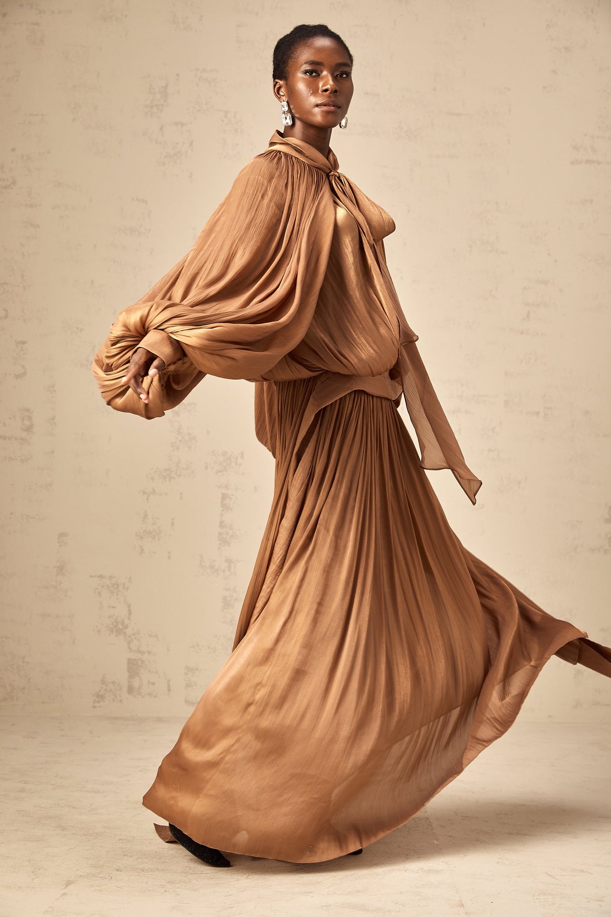 Aurohaya Mila Brown Pleated Satin Maxi Dress