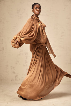 Aurohaya Mila Brown Pleated Satin Maxi Dress