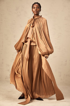 Aurohaya Mila Brown Pleated Satin Maxi Dress