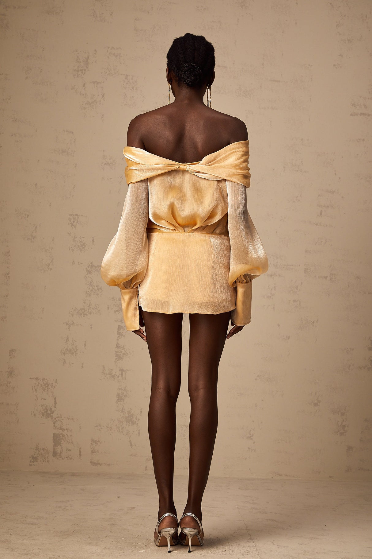 Aurohaya Adelina gold crystal-embellished panelled mini dress