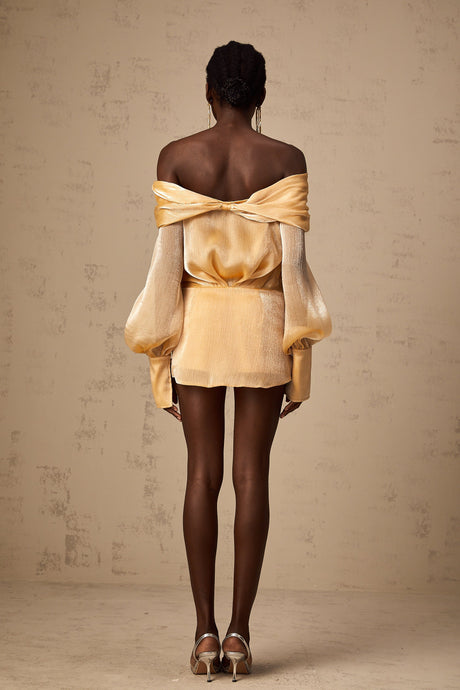 Aurohaya Adelina gold crystal-embellished panelled mini dress