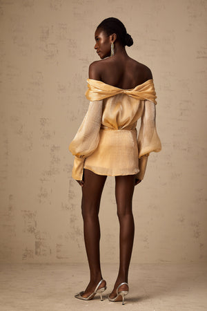 Aurohaya Adelina gold crystal-embellished panelled mini dress