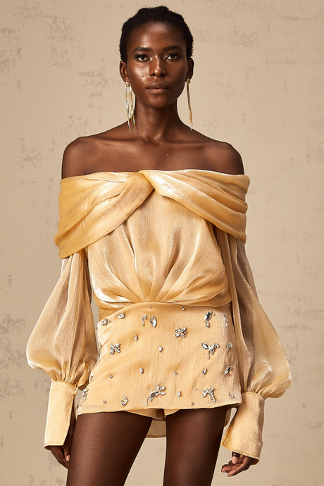 Aurohaya Adelina gold crystal-embellished panelled mini dress
