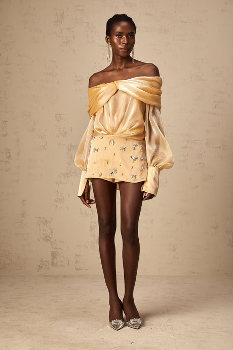 Aurohaya Adelina gold crystal-embellished panelled mini dress