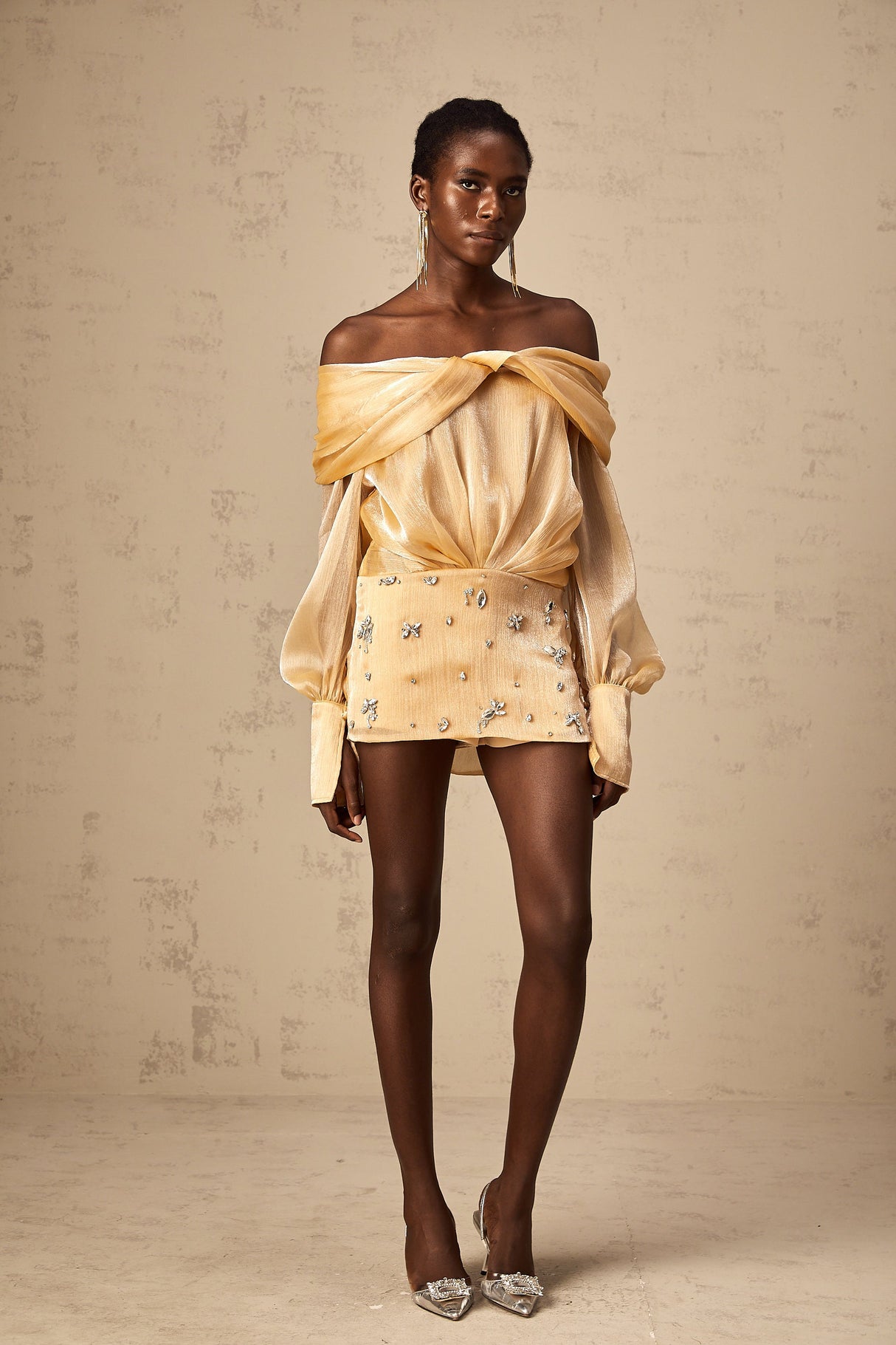 Aurohaya Adelina gold crystal-embellished panelled mini dress