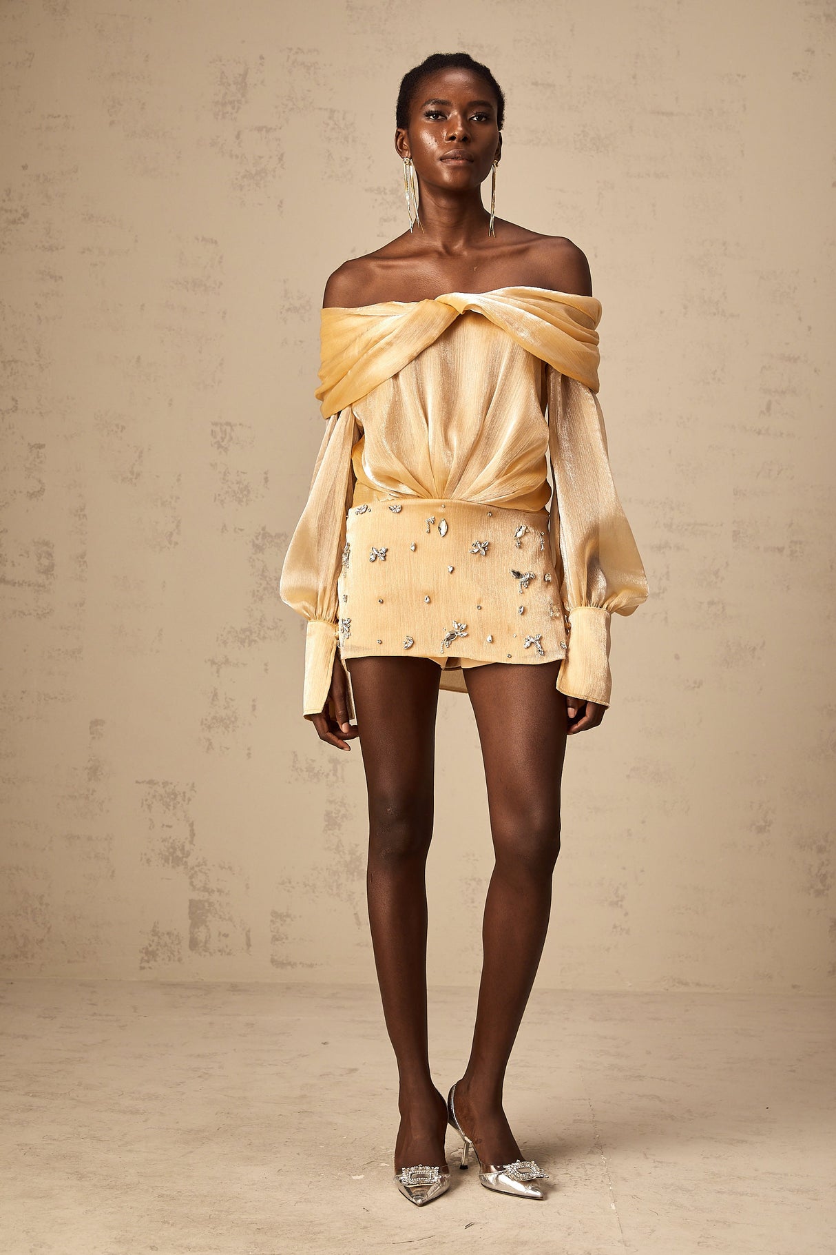 Aurohaya Adelina gold crystal-embellished panelled mini dress