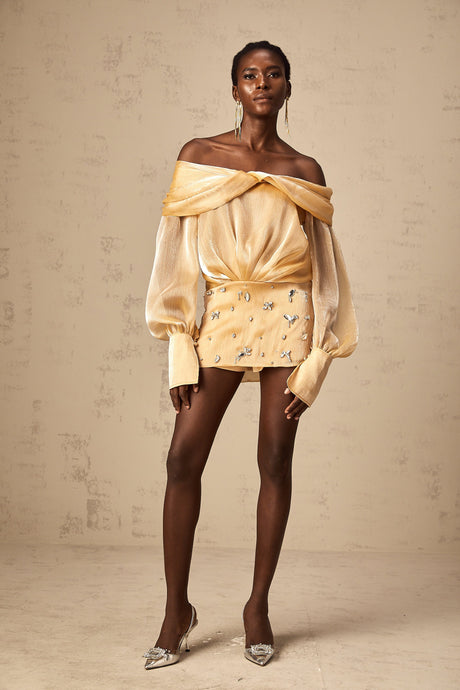 Aurohaya Adelina gold crystal-embellished panelled mini dress