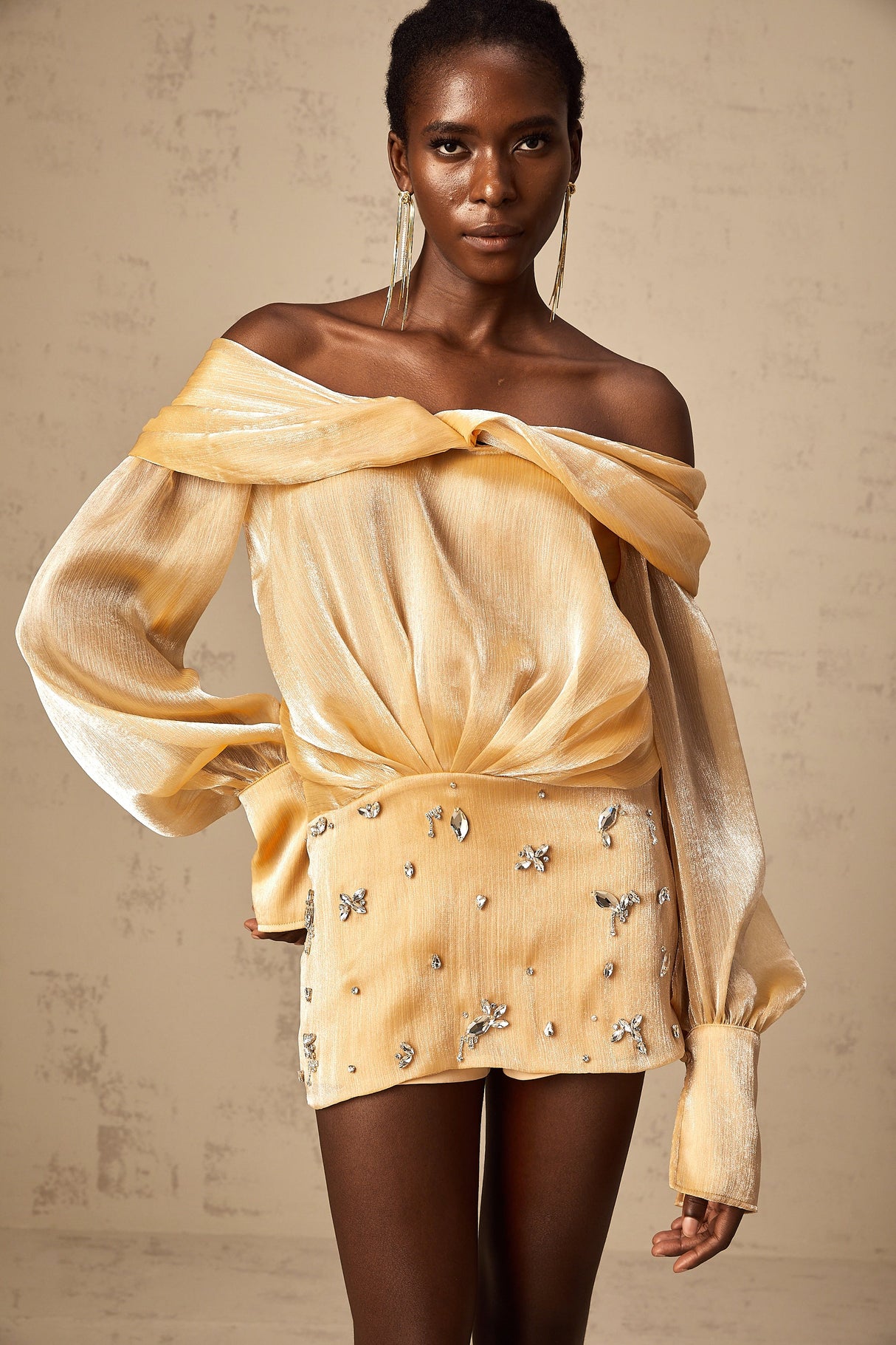 Aurohaya Adelina gold crystal-embellished panelled mini dress