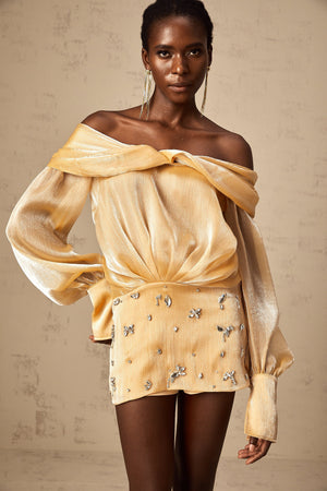 Aurohaya Adelina gold crystal-embellished panelled mini dress