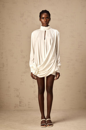 Aurohaya Maeva faux-flower ruched mini dress in White