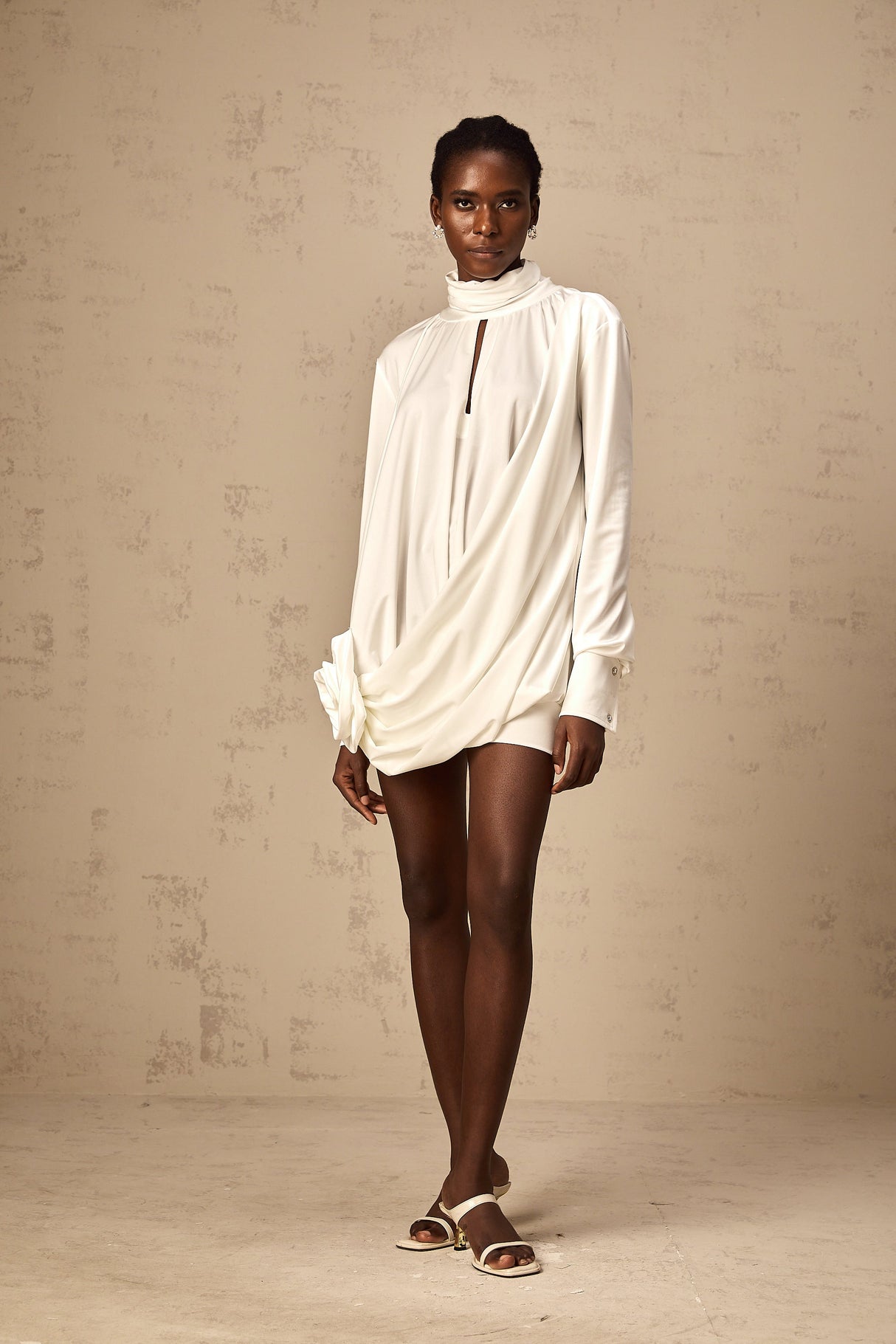 Aurohaya Maeva faux-flower ruched mini dress in White