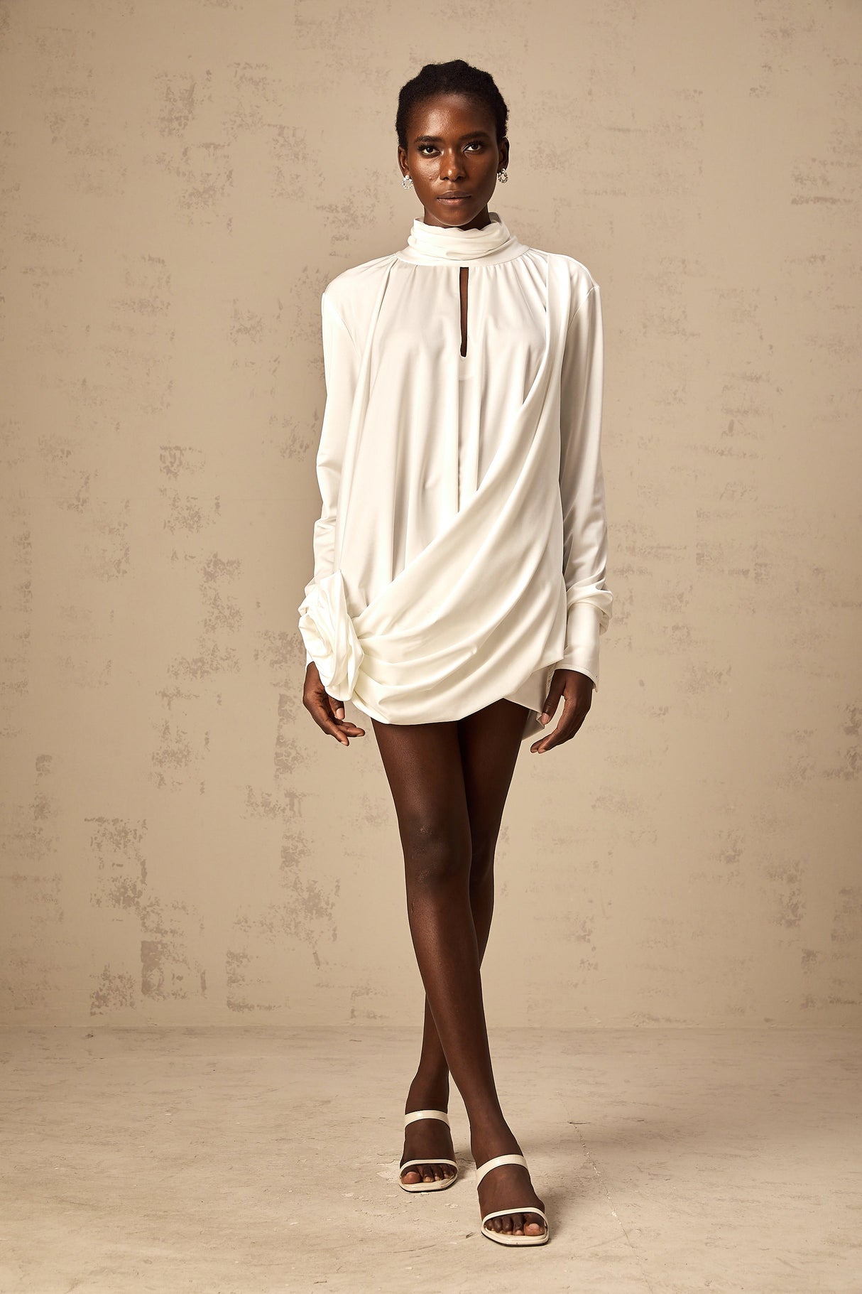 Aurohaya Maeva faux-flower ruched mini dress in White