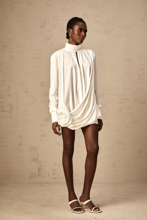 Aurohaya Maeva faux-flower ruched mini dress in White