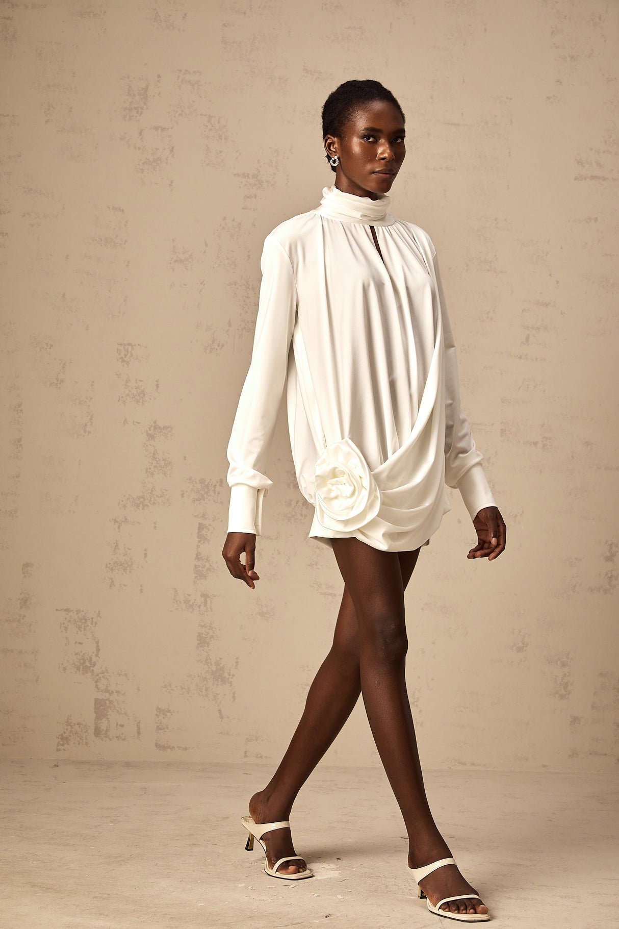 Aurohaya Maeva faux-flower ruched mini dress in White