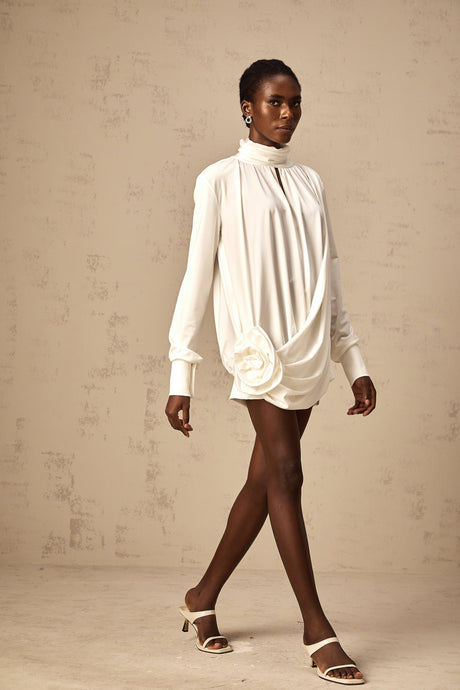 Aurohaya Maeva faux-flower ruched mini dress in White