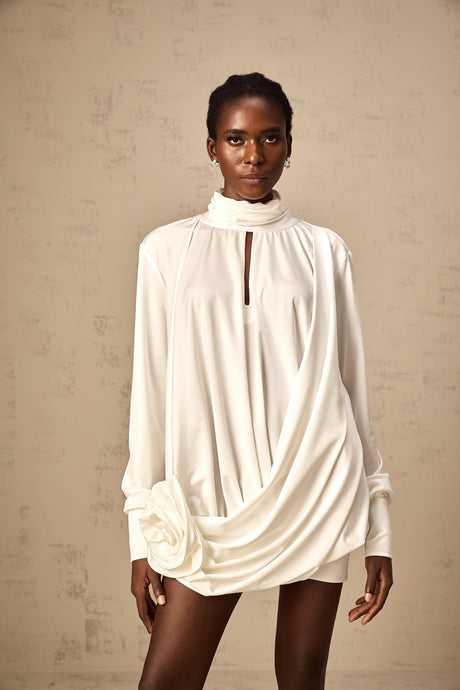 Aurohaya Maeva faux-flower ruched mini dress in White